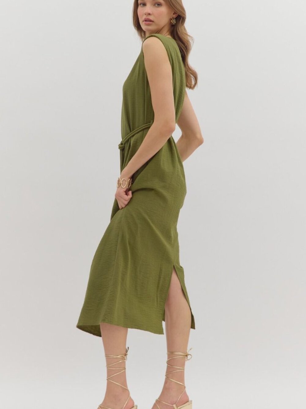 Sage Belted Midi Dress - Picture 3 of 7